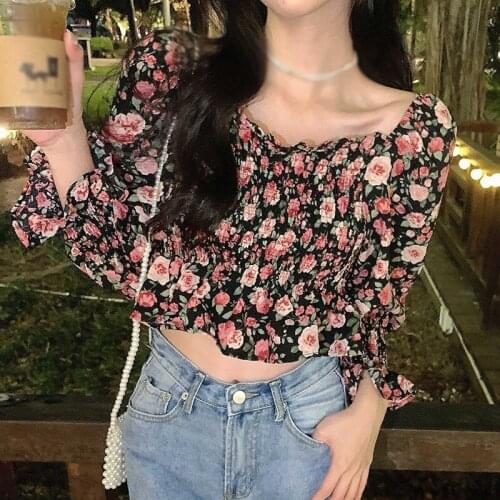 Women Floral Shirt Summer Blouses French Style Slash Neck Slim Tops Printed Fashion Cropped Top Shirts