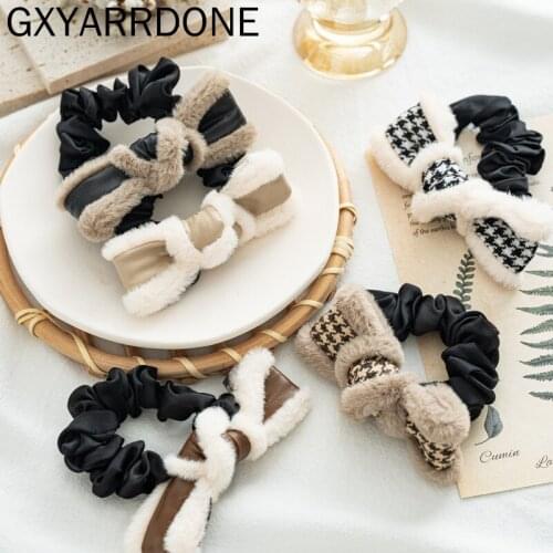 2021 Autumn Winter Faux Rabbit Fur Leather Plaid Elastic Hair Ties Bands for Women Girls Hair Ring Scrunchies Hair Accessories