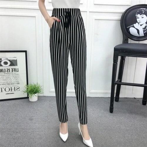 Women Summer Office High Waist Striped Crop Black Loose Casual Trousers Female Plus Size Casual Drawstring Strap Long Pants
