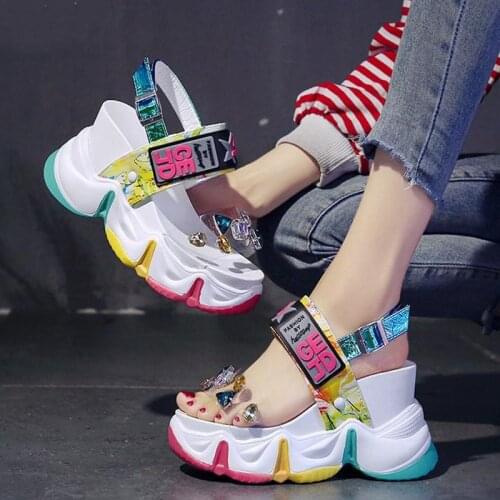 2021 New Women Summer Wedge Sandals Transparent PVC Crystal Chunky Platform Shoes Woman Rainbow Thick Bottom Sandalias