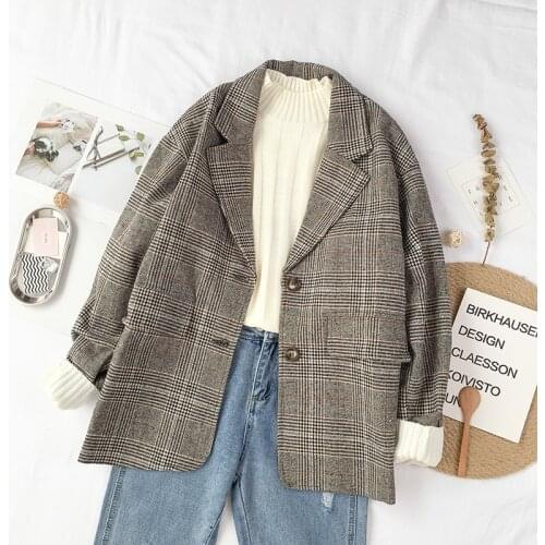 2019 Autumn New Korean Vintage Plaid Blazers Women Fashion Art Style Loose Notched Two Buttons Blazer Female Casual Clothing 141