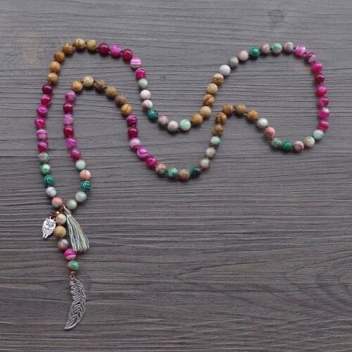 Women Long Necklace Mixed 8MM Natural Stone Bead With Leaf / Owl Tassel Knotted Necklace High Quality Bohemian Jewelry