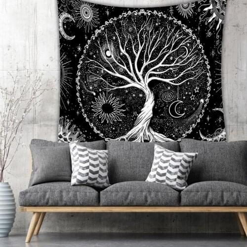 150x130cm Wall Tapestry Tree Moon Stars Pattern Black White Hanging Decor Tree Of Life Wall Hanging Tapestry Room Decoration