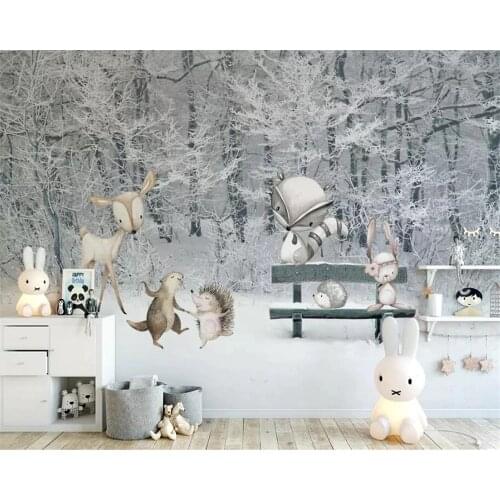 Beibehang Custom 3d wallpaper childrens room winter snow scene forest cartoon animal background wall papers home decor behang