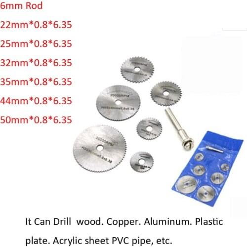 6pcs 22-50mm Saw Blades +1pcs 6mm Pole HSS High Speed Steel Circular Saw Blades For Metal Dremel Rotary Tool Wood Cutting Saw