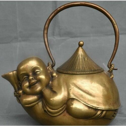 8'' Old Chinese Bronze Gladness Boy Tongzi Flagon wine pot Teapot Kettle