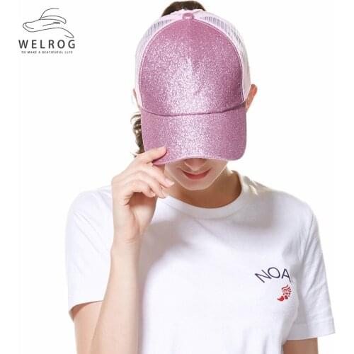 WELROG Sequined Baseball Caps Women Cap Ponytail Baseball Cap Fashion Breathable Snapback Hat Spring Summer Sun Cap Shiny Hat