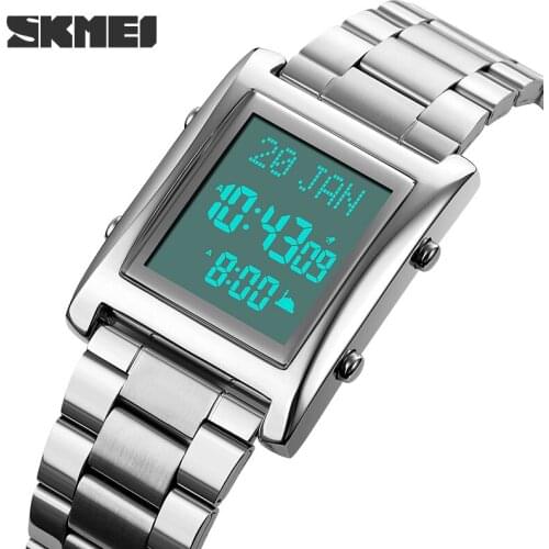 Full Stainless Steel Digital Watch Luxury Mens Watches Original Brand SKMEI Wristwatch Ah Muslim Prayer Clock Led Light Hours