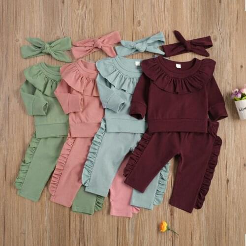 Baby Girl Solid Color 3Pcs Clothes Sets Long Sleeve O-neck Top + Ruffled Pants + Headdress Spring Fall Outfits for Newborn 0-24M
