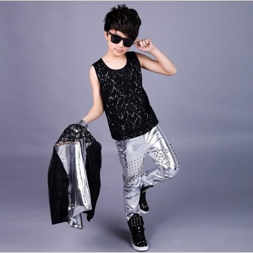 Jazz Costumes Boys Silver Fashion Sequined Jacket Children Stage Outfit Hiphop Kids Street Dance Clothes Children Wear in stock