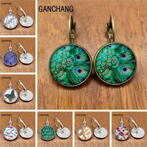 Round glass convex round colorful peacock bird feather image glass earrings