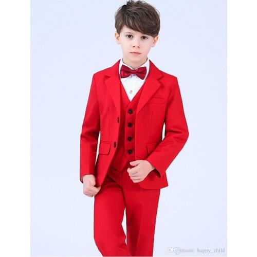 New Arrival Red Kids Tuxedos Handsome Primary Scholar Baby Business Suits Boy Prom Suits (Jacket+Pants+Vest+Tie) K:682
