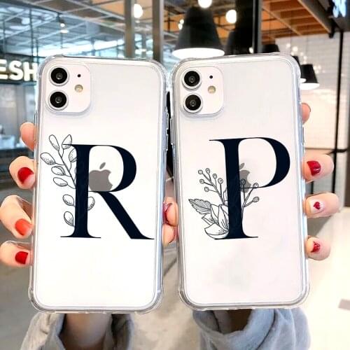 Flower English Letter 26 Initials Phone Case For iPhone 12 Pro Miini 11 Pro Max X XR XS Max 7 8 Plus SE 2020 Transparent Cover