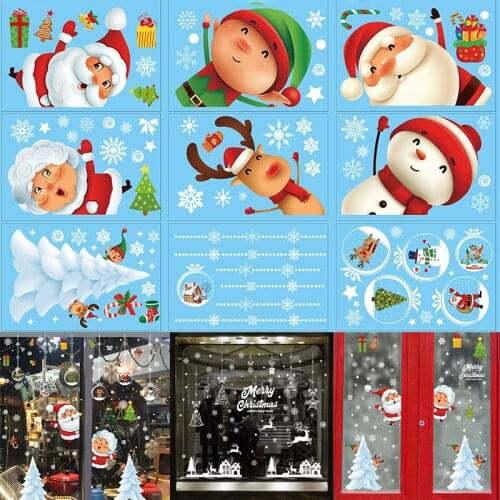 Merry Christmas Wall Stickers Santa Claus Deer Glass Window Xmas Static Sticker 2022 New Year Decals Home Decoration PVC Film