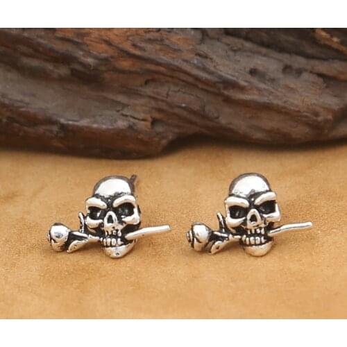 Handcrafted Thai Silver Skull Earrings Vintage 925 Silver Skull Rose Flower Earring Sterling Silver Man Earring