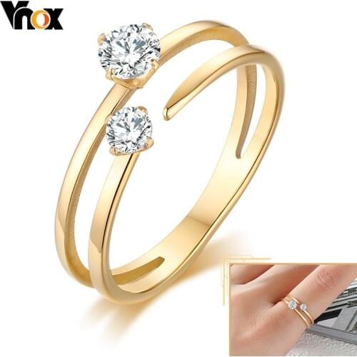 Vnox Delicate Bling Prong Setting CZ Stone Rings for Women Lady Engagement, Gold Tone Stainless Steel Bands, Love Gifts for Her