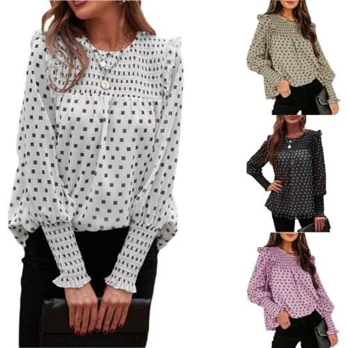 Womens Crew Neck Dot Printed Chiffon Blouse Casual Printed Long Lantern Sleeve Ruffle Loose Shirts Summer Autumn Casual Top