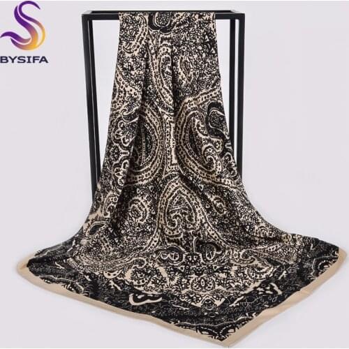 [BYSIFA] Ladies Silk Hijab Scarf New Brand Black Beige Satin Square Scarves Wraps Women Accessories Neck Head Scarf 100*100cm