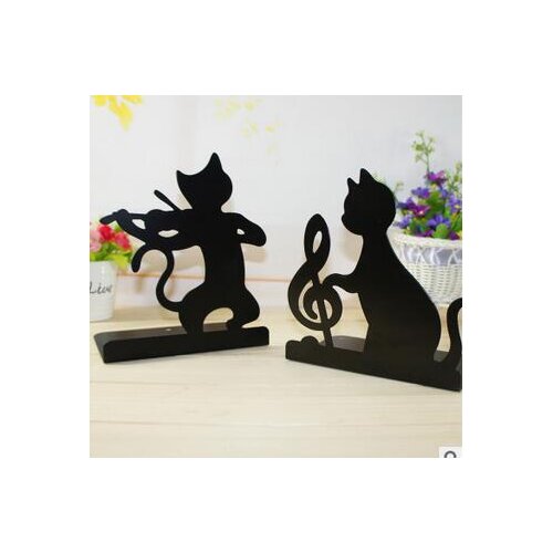 1PC Black Musical Note Cute Cat Anti-skid Bookends Metal Shelf Book Case Holder