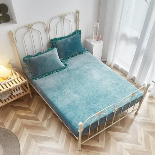 Pink Elastic Band Fitted Sheet Crystal Velvet Bed Linen Mattress Cover Solid Color 1pcs Winter Warm Soft Queen 180x200cm