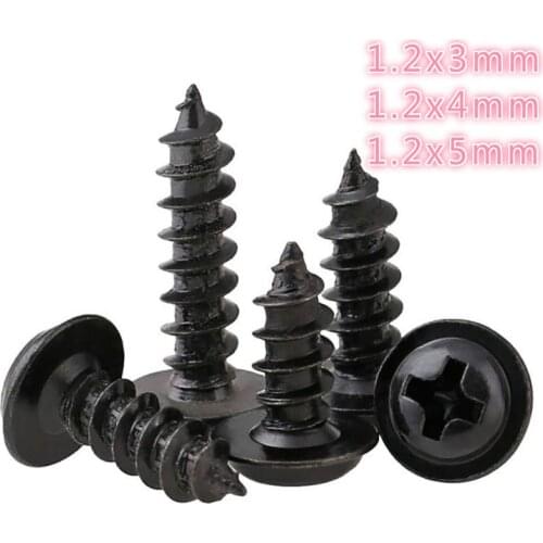 100PCS M1.2 Round Pan Head Phillips Self Tapping Screw With Pad Black Carbon Steel Cross With Collar Padded Washer Small Bolt