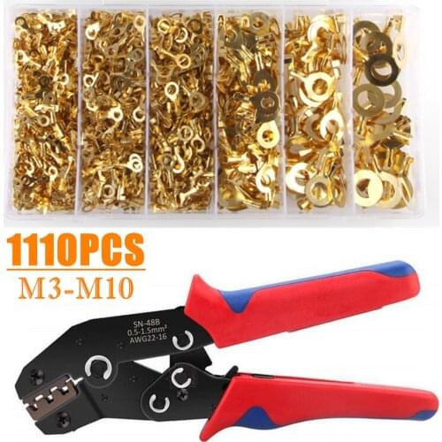 1110pcs M3-M10 Wire Crimp Copper Terminal Connerctor- Non-Insulated Ring Lugs Crimp Cable Connectors & Crimping Plier