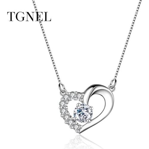 TGNEL S925 Sterling Silver Necklace Pendants Silver Heart CZ Stone Fine Jewelry Long Chain Choker 925 Silver Colar for Party