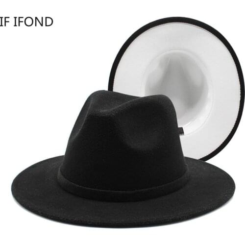 60cm Black with White Patchwork Wool Felt Fedora Hats Women Men Wide Brim Panama Trilby Jazz Cap Party Cowboy Gambler Hat