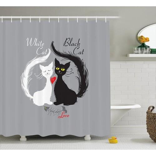 Cat Shower Curtain Pair of Cats in Love Having Eaten Fish Red Heart Romantic Black and White Kitties Home Decor Bath Curtains