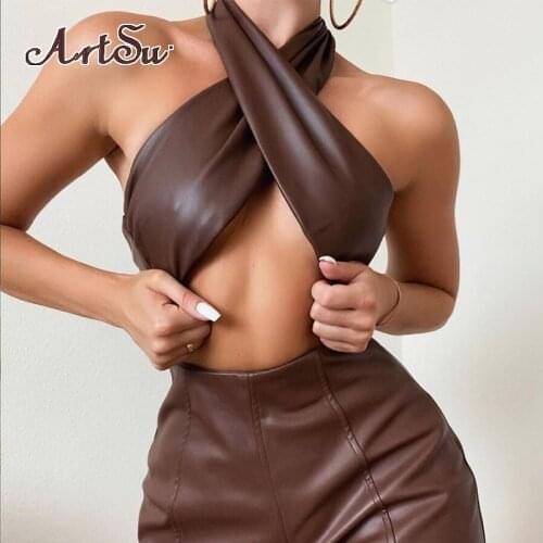Artsu Faux PU Leather Two Piece Set Women Sexy Criss Cross Halter Lace Up Top+Shorts Solid Loose Casual Streetwear