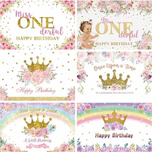 Laeacco Birthday Backgrounds Pink Flowers Golden Crown Dots Rainbow Custom Photography Backdrops Baby Shower Photocall Photozone
