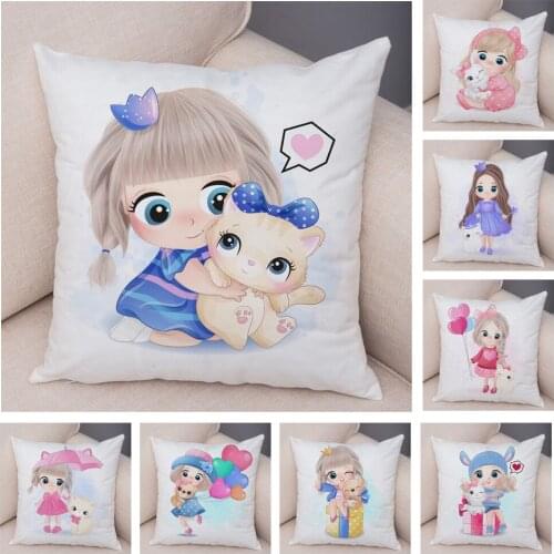 Cute Cartoon Girl and Cat Cushion Cover for Children Room Sofa Home Car Decor Lovely Pillow Case Short Plush Pillowcase 45x45cm