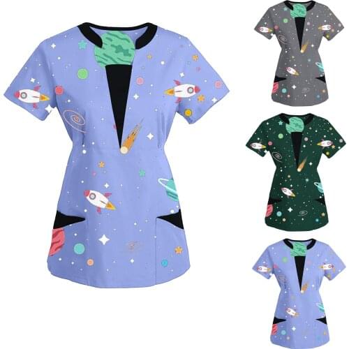 Cute Working Uniform Blouse V Neck Printing Short Sleeve Casual Nurse Blouse for Women Patchwork Color Pocket Mukoti Yunifomu