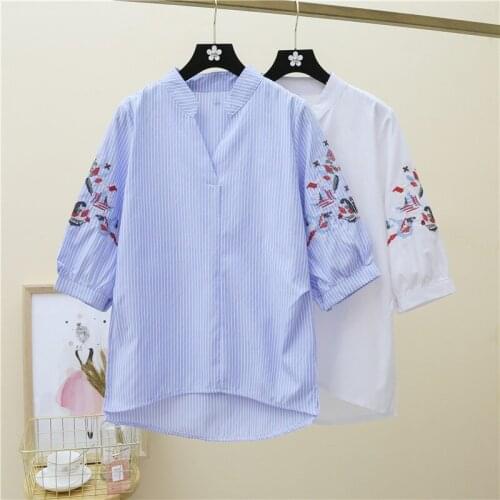 Fashion Women Ethnic Style Embroidery Shirts Blouses 2021 Summer Casual Tops Chemise Femme Blusas V-neck White Tops Chic 14995