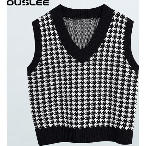 OUSLEE 2021 Fashion Plaid Sweater Vest Women Oversized Knitted Vest Sweaters Vintage Sleeveless Side Vents Female Waistcoat Tops