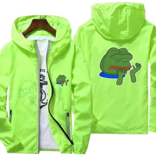 Sad Frog print Hooded Mens Zipper Reflective Windbreaker Skin Sun Protection Thin Breathable Coat Outdoor Sports Jackets