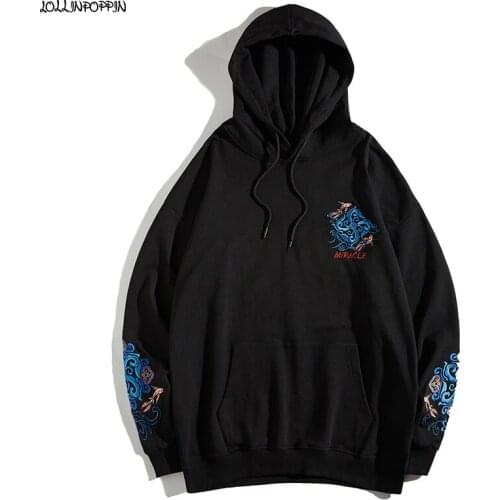 Chinese Style Goldfish Embroidery Men Casual Hoodies 2021 Autumn Hooded Sweatshirts Mens Loose Pullovers Black / White