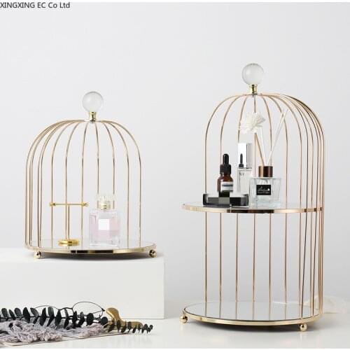 Nordic Golden Bird Cage Cake Shelf Round Glass Storage Tray Cosmetic Storage Rack Living Room Home Decoration Storage Ornaments