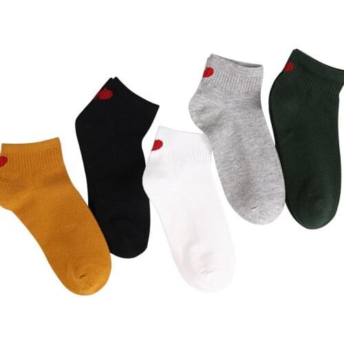 5 Pairs Spring Lovely Women Socks Love Pattern Solid Color Women Boat Socks Casual Comfortable Cotton Ankle Socks Shallow Mouth