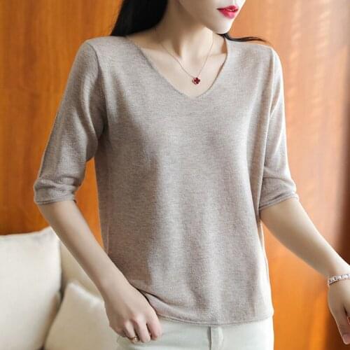 2020 New knitted Slim Pullover Women 100% Cashmere V-Neck Sweater Shirt Female All-match Basic Half Sleeve Girl Clothes Tops Clo
