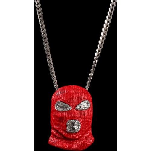 Hip Hop CSGO Pendant Necklace Punk Style Cuban Chain Long Bling Rock Jewelry Rhinestone red Mask Head Charm for Men
