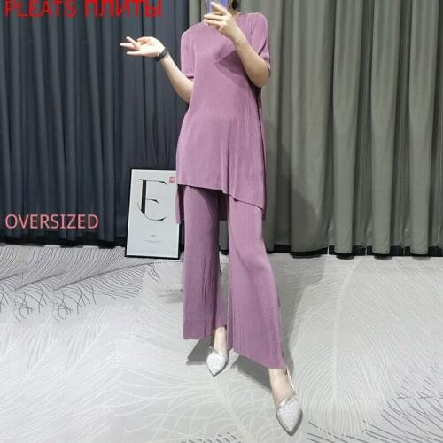 Miyake casual suit summer short-sleeved trousers two-piece suit two piece set trousers set