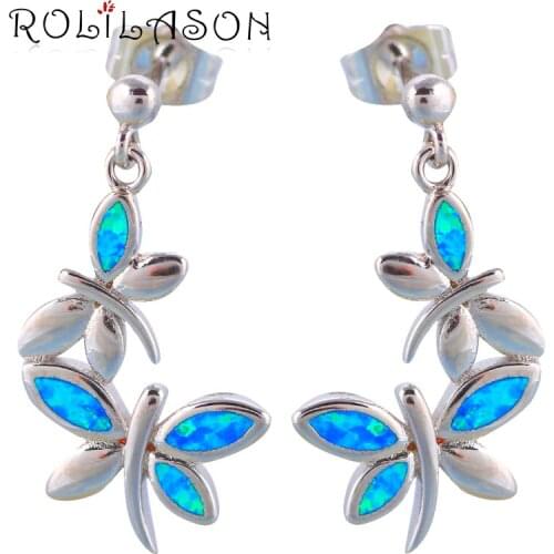 ROLILASON 2017 New arrival Fashion Blue Fire Opal Silver Drop Earrings for Women Party Fashion Jewelry OE660