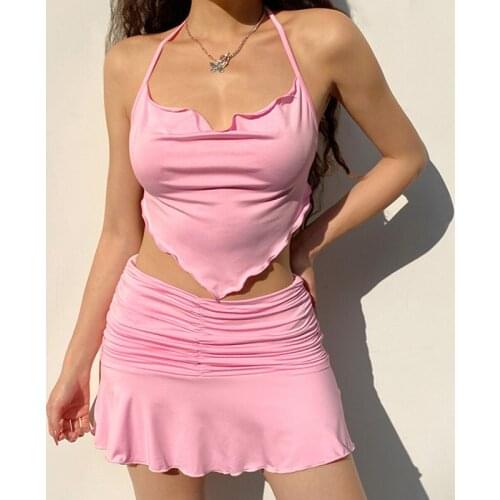 Pink Two Piece Sets Women Crop Top Camisole High Waist Mini Pleated Skirt Suits Streetwear Ladies Casual Sweet Short Skirts Set