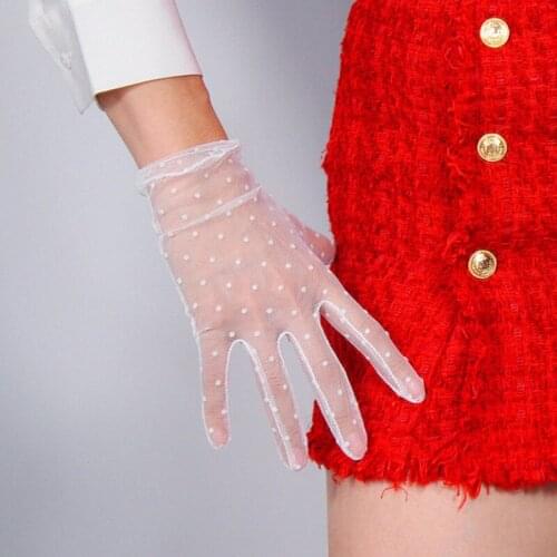 Sexy Lace Translucent Mesh Flocking Dot Elastic UV Full Finger Wedding Dress Glove Woman Summer Driving Sunscreen Mittens L84