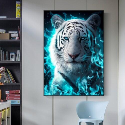 Blue Fire White Tiger Canvas Painting Cute Animal Modern Posters and Prints Wall Art Picture for Living Room Home Decor Quadros