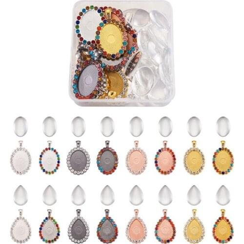 Alloy Glass Rhinestone Pendant Cabochon Settings and Glass Cabochons for Jewelry Making