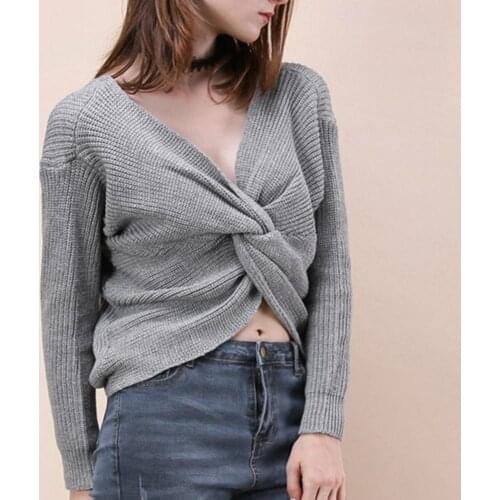 New Sexy Solid Color V Neck Twisted Back Knot Sweater Women Long Sleeve Jumper Pullover One Size Loose Warm Hand-wash Sweater