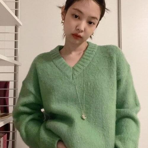 Kpop Korean Celebrity Streetwear Oversized Green Wild Sweaters Womens Casual Autumn Warm Knit Pullovers Fashion Loose Knitwear