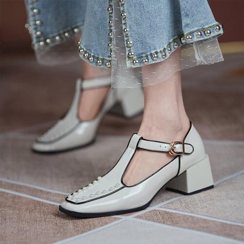 Female Heels T-Strap Shoes Women Pumps2021 spring Genuine Leather Office Shoes Womens Square head thick heel shoes brown White